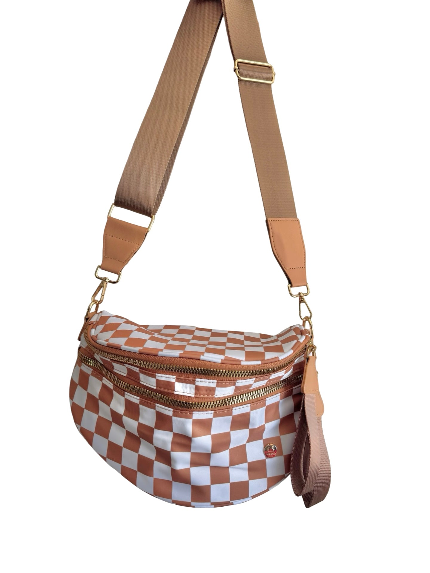 Carmel and white checkered crossbody