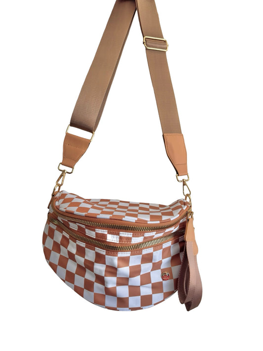 Carmel and white checkered crossbody
